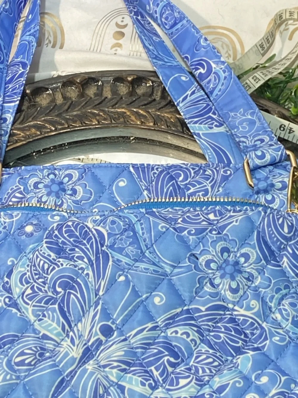 Quilted Blue Floral Tote Bag with Black Base